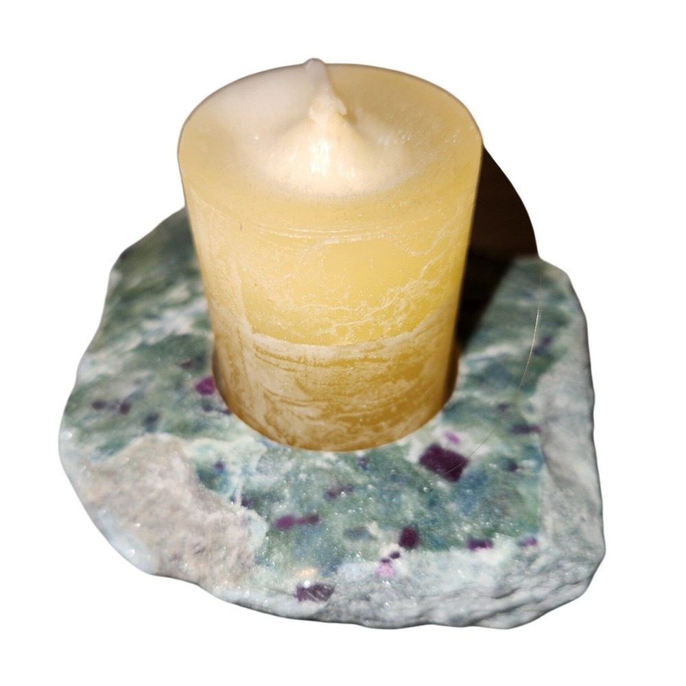 Ruby Zoisite Natural‎ Stone Tea Light Candle Holder Raw Edge Green Pink Crystal